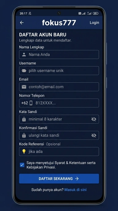 Tampilan halaman daftar fokus777