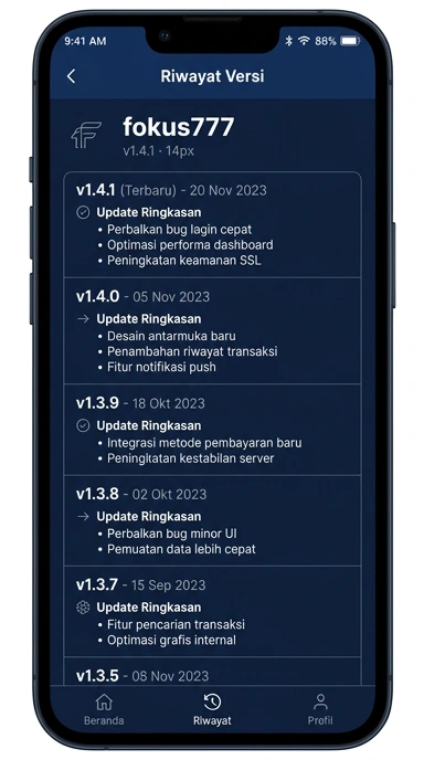 Tampilan riwayat versi fokus777